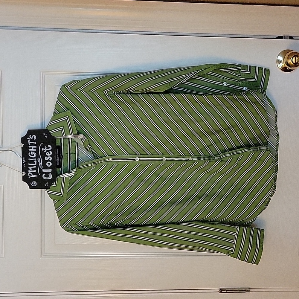 Jones New York Signature Blouse Small Green Black White Stripe